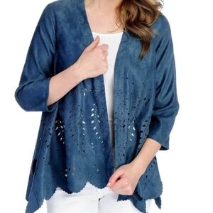 Kate & Mallory Blue 3/4 Sleeve Faux Suede Laser Cut Cascade Cardigan Size 1XL